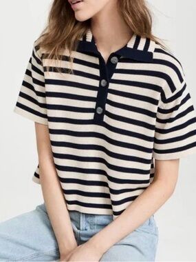 Demylee Striped Knit Polo Top - Navy & Cream